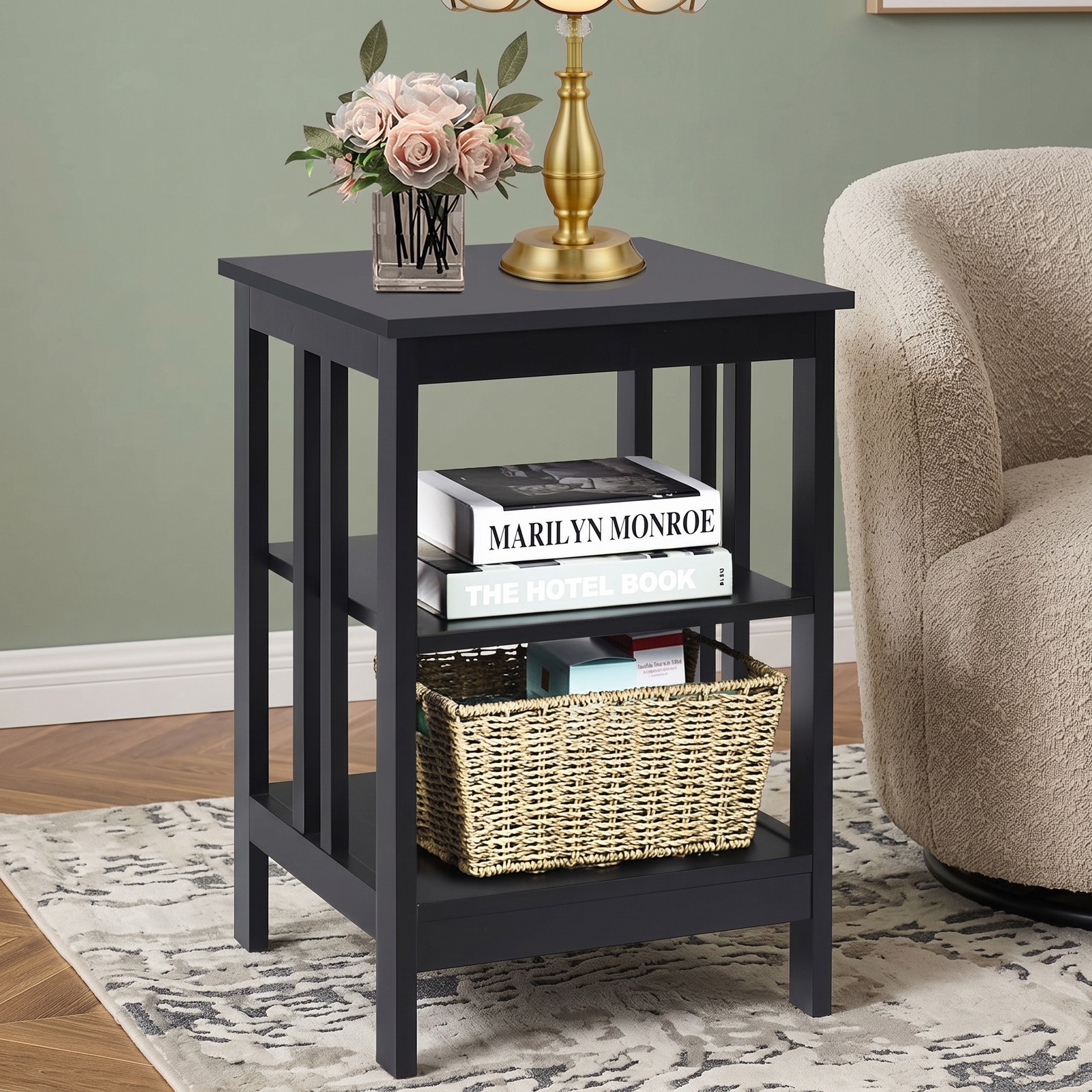 Furnibear 2 Pieces 3-Tier Nightstand, MDF Bedside End Side Table with Reinforced Bars, Open Shelf Storage Night Stand for Bedroom Living Room Entryway, Black