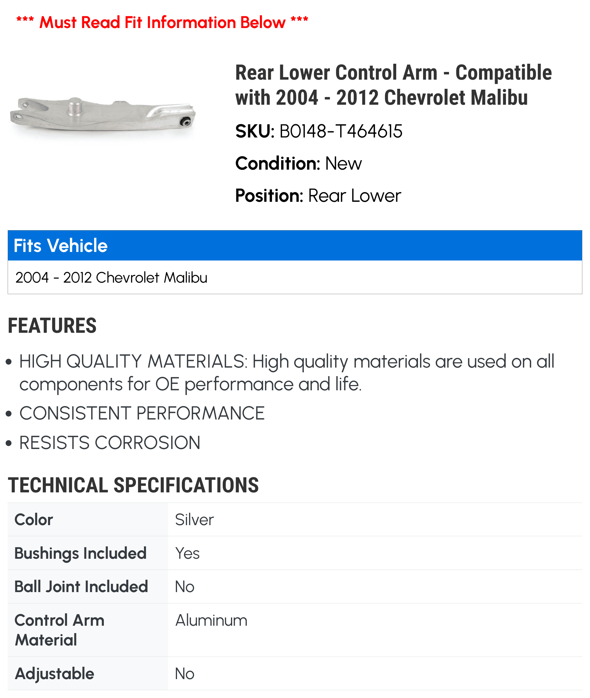 Rear Lower Control Arm - Compatible with 2004 - 2012 Chevy Malibu 2005 2006 2007 2008 2009 2010 2011