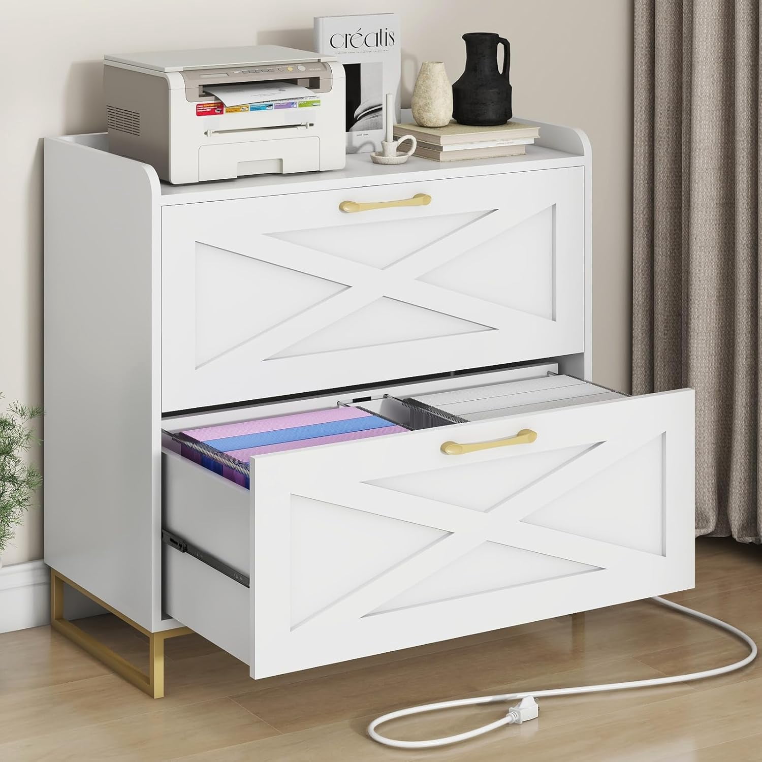 2 Drawer Lateral File Cabinet, Filing Cabinet with Charging Station for Letter/Legal/A4 Size Hanging Files, Modern Farmhouse File Storage Cabinet for Home Office, Printer Stand with Storage, White