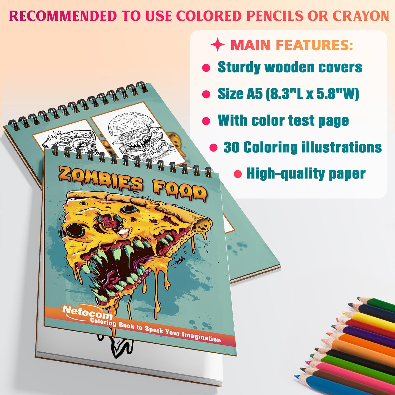 Netecom Zombies Food Coloring Book Spiral Bound for Adults, A5 Wooden Cover, 30 Cute and Funny Coloring Pages of Monster Foods for Stress Relief and Relaxation