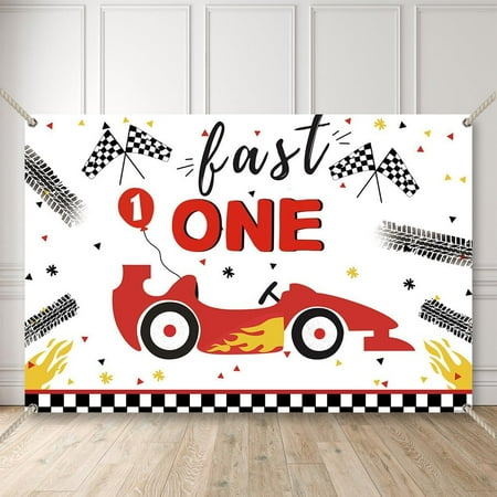 Racing Car 1st Birthday Backdrop Cartoon Transportation Fast One Background Kids Boys Race Car First Birthday Cake Smash Photoshoot Decorations Copper Grommets Banner