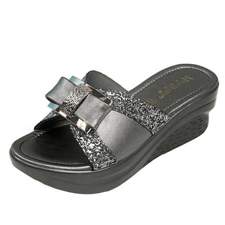 

Ykohkofe Womens Ladies Fashion Butterfly Knot Crystal Wedge Slip On Beach Slippers Shoes Grey 8