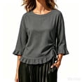 thumbnail image 2 of thefmos Women's Fall 3/4 Sleeve Ruffle Blouses Round Neck Drawstring Ruched Tops Casual Boho Pullover Shirts Solid Fashion Clothes for Vacation, Gray 2XL, 2 of 6