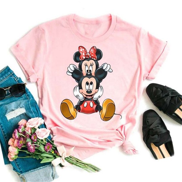 KISS Mickey and Minnie Cute Women's Top O-Neck Summer Women's T-Shirt Kawaii Mickey Mouse Casual TopXL Gao Jinjia LED