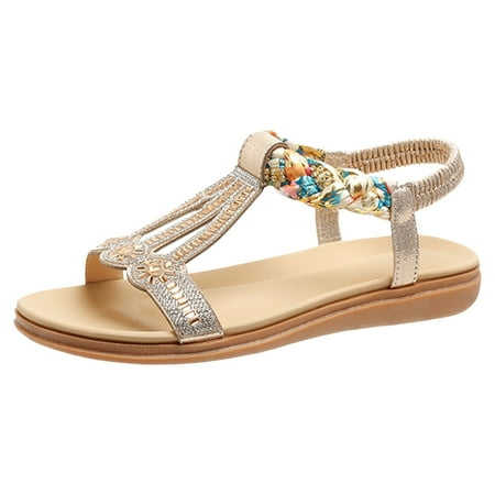 

Daznico Sandals Women Summer Bohemian Rhinestone Elastic Band Beach Sandals for Women Orthopedic Sandals for Women Summer Sandals for Women 2024(Color:Gold Size:US 7)