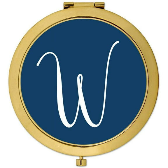 Koyal Wholesale Gold Compact Mirror Bridesmaid's Wedding Gift, Navy Blue, Monogram Letter W, 1-Pack