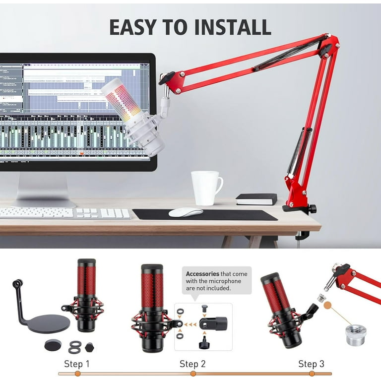 SUNMON, Hyper x QuadCast Boom Arm, Red, with Windscreen and