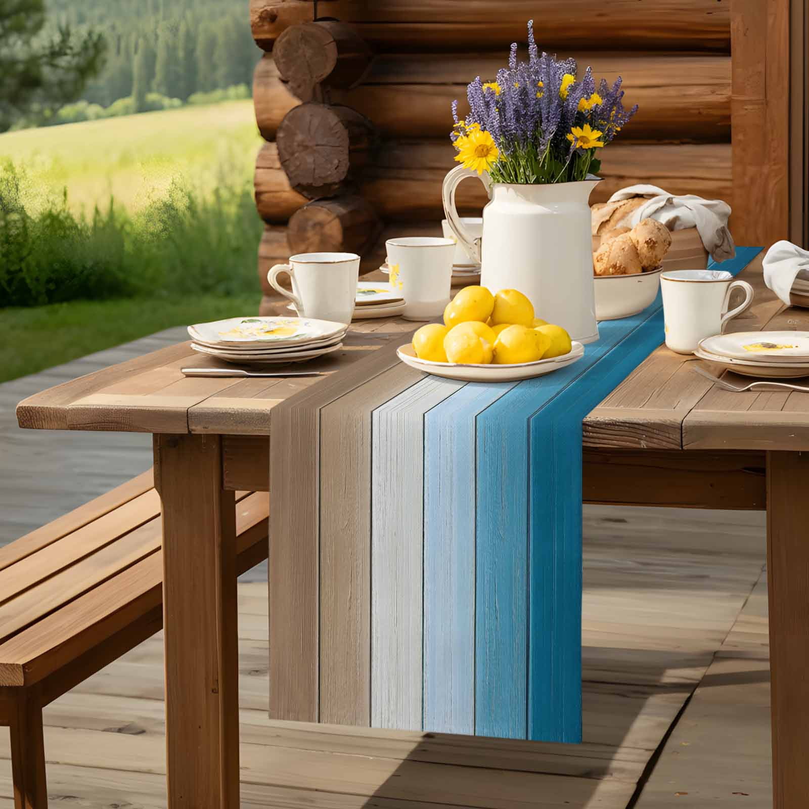 Watercolor Blue Gradient Wood Board Table Runner 90 Inches Long, Farm Brown Wooden Table Runners Tabletop Scarf Kitchen Dining Tables Decoration for Home Party Indoor Outdoor