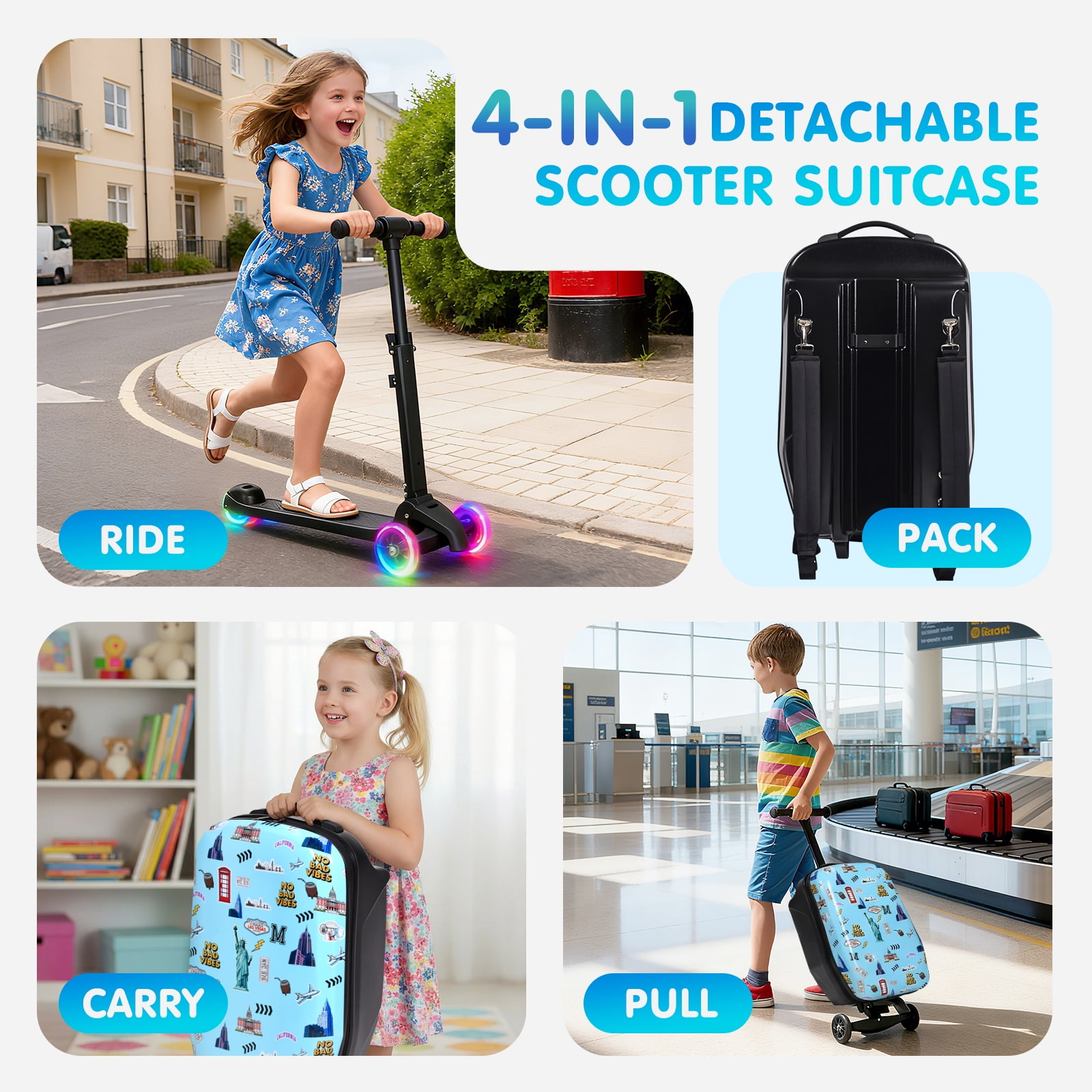 Advwin Kids Scooter Luggage with LED Wheels, 4-in-1 Detachable Foldable Ride-On Suitcase, Travel Landmark Design Hardside Carry-On Travel Luggage, Convertible Backpack, Blue