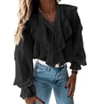 thumbnail image 3 of DuoJiaJ Solid Color Ruffles V Neck Blouse Elegant Puff Sleeve Shirts For Women Women’s T-Shirts Black, 3 of 5