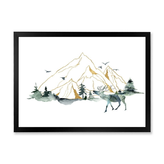 Designart 'Minimalistic Landscape of Forest Deer and Mountains' Modern Framed Art Print