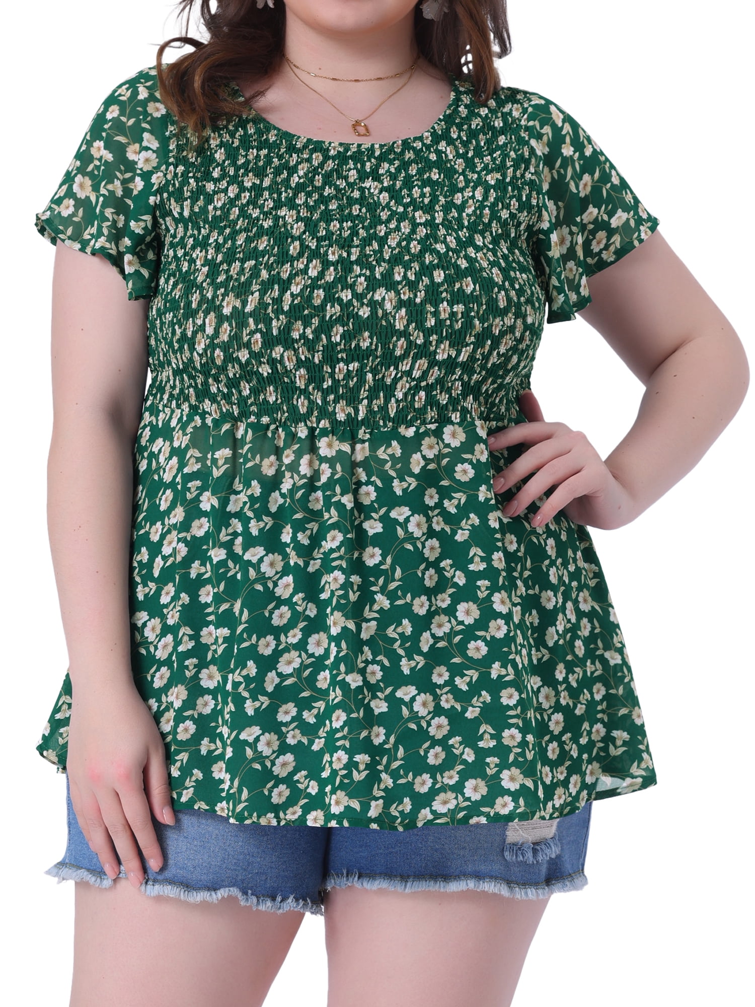 DARING DIVA Women's Plus Chiffon Flare Short Sleeves Floral Top 4X Green