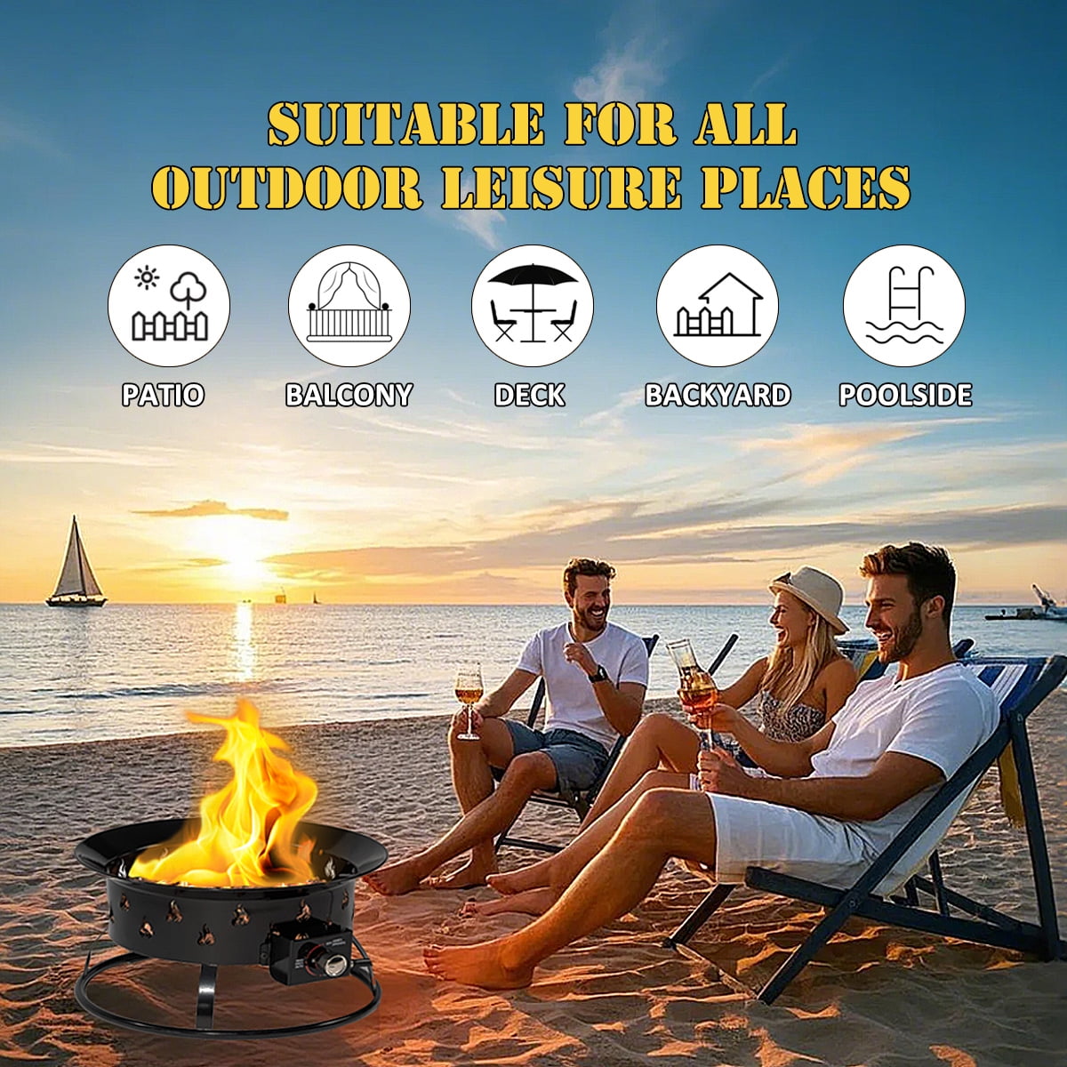 19'' Round Portable Propane Outdoor Camping  Fire Pit with Lockable Cover Lid as Handle