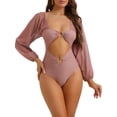 thumbnail image 1 of Bikini de una pieza con escote en V, mangas largas, malla y control de abdomen, color marrón rosado, talla X-Small, 1 of 5