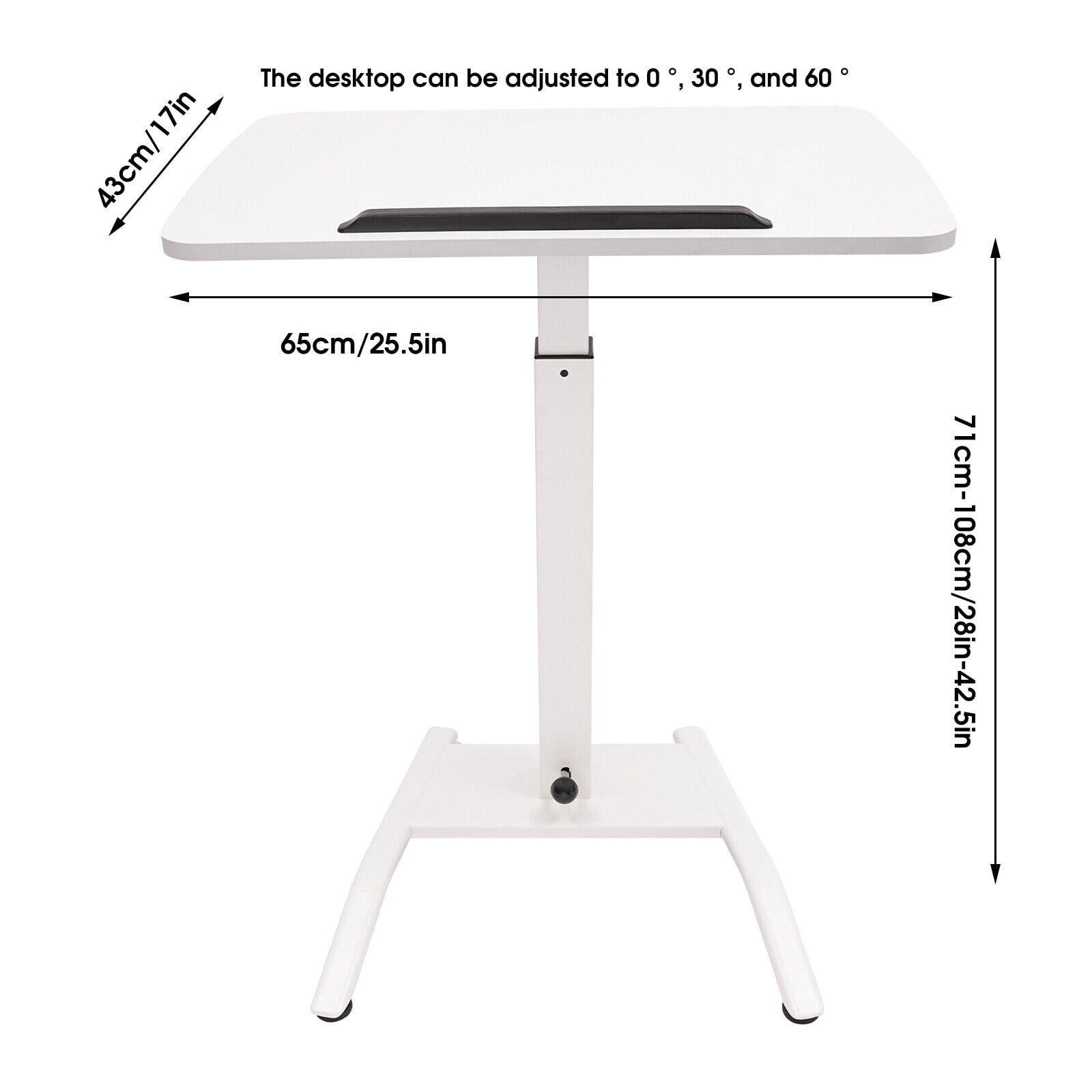 2 Lockable Wheels Adjustable Rolling Desk, White Adjustable Podium Desk, 25.5*17in Standing Lifting Desk