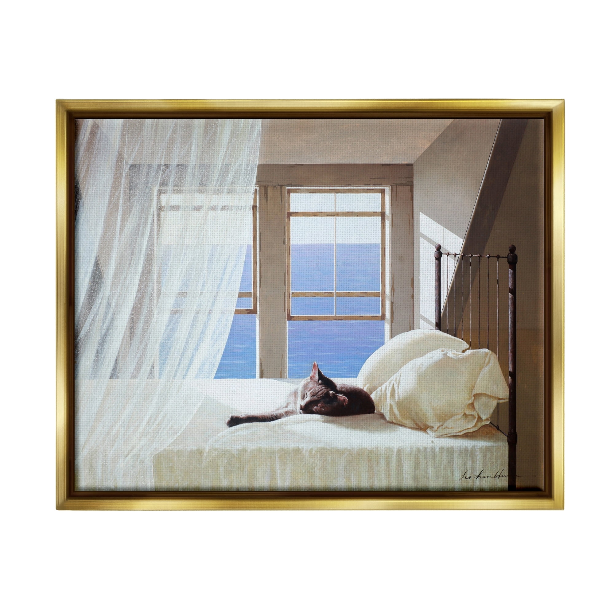Stupell Industries Cat Resting on White Oceanside Bed Nautical Painting Metallic Gold Framed Floating Canvas Wall Art, 16x20, by Zhen-Huan Lu
