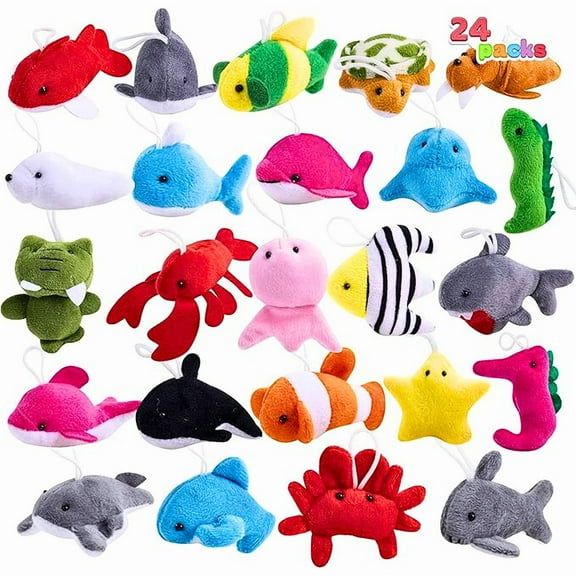 24-Pcs Mini Plush Sea Animals with Keychain, 3-Inch Stuffed Toys for Kids Party Favors, Pinata Fillers, Goodie Bags, School Prizes