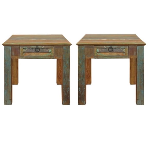 Home Square 1-Drawer Solid Wood End Table in Multi-Color - Set of 2