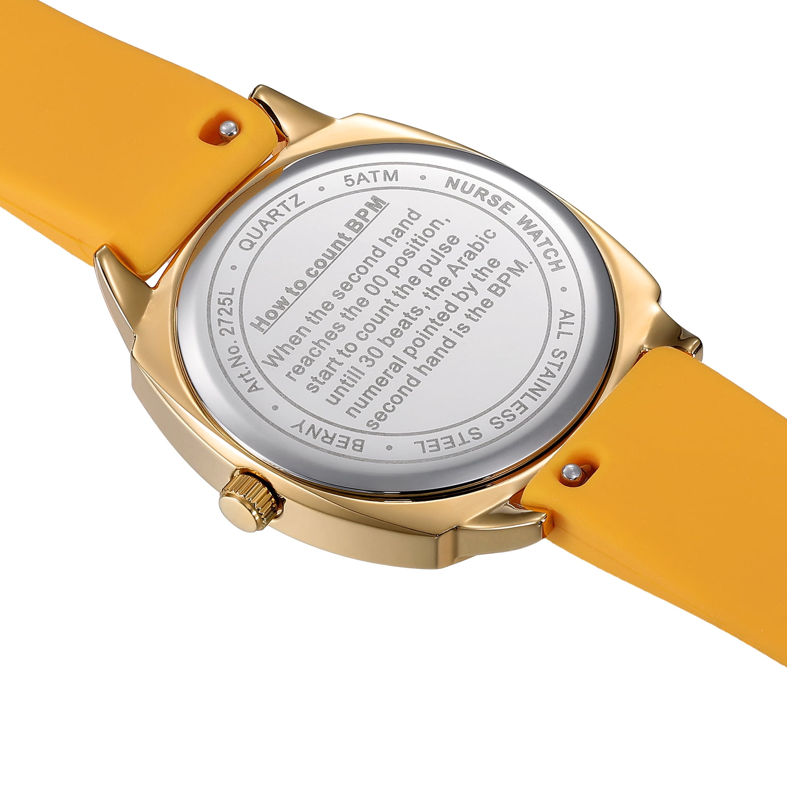 BERNY Nurse Watch for Women, Fashion Ladies Analog Quartz Watch with Silicone Strap, Pulse Meter Function, 3ATM Waterproof Womens Wristwatch, Easy Read Numerals Nursing Watch Gift, Yellow