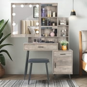 Ktaxon Lighted Vanity Table Set with Charging Station, Makeup Dressing Table with Sliding Mirror, Bedroom Vanities Set