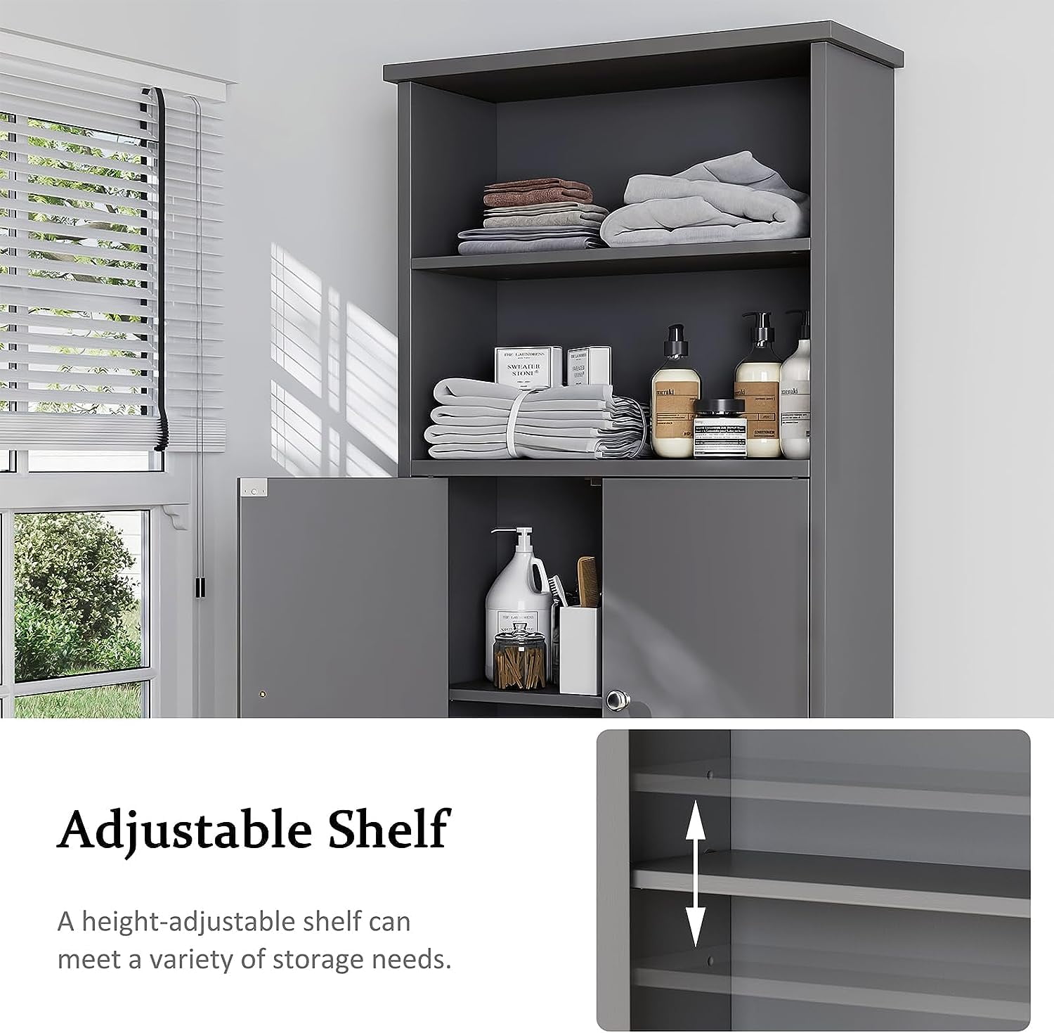 JessieMal Over the Toilet Storage Cabinet for Bathroom, 75in Over Toilet Cabinet Freestanding Storage Organizer, Space Saver with Doors and Adjustable Shelf, Grey