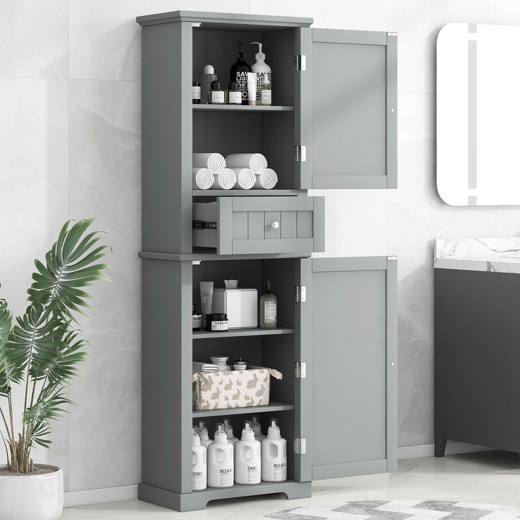 MAYEERTY Tall Bathroom Cabinet Freestanding Storage Drawer Adjustable Shelf MDF Painted Gray