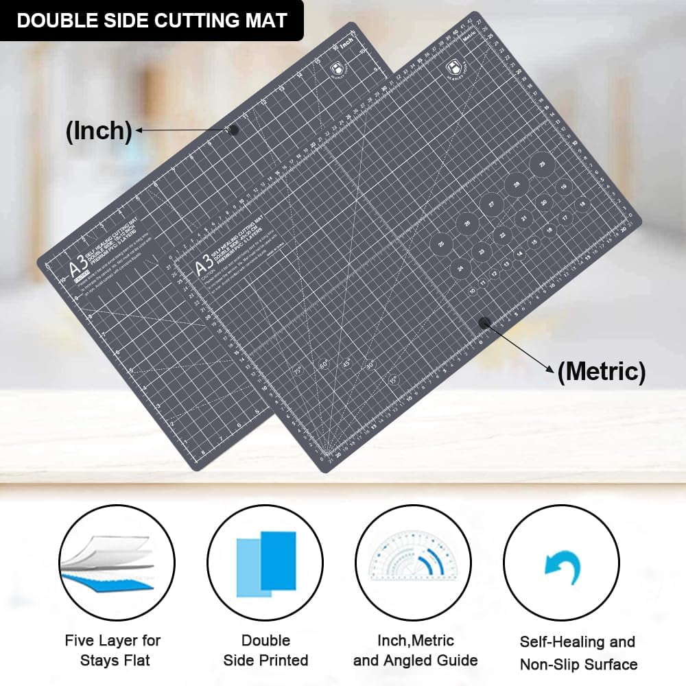 Headley Tools Thickened 24 x 36 Inch Self Healing Sewing Cutting Mat, A1 Rotary Cutting Sewing Mat for Crafts, Double Sided 5-Ply Table Cutting Board for Fabric Quilting Leather Hobby, Grey/Black
