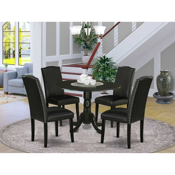 DLEN5-BLK-69 5Pc Round 42" Kitchen Table With Two 9-Inch Drop Leaves And Four Parson Chair With Black Leg And Pu Leather Color Black