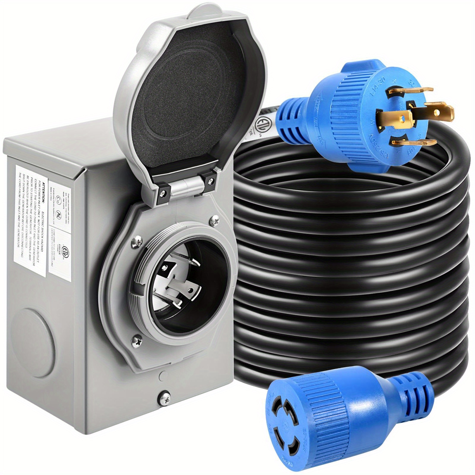 Eurekaly 30/50 Amp Generator Cord And Power Inlet Box, 15ft Generator Cords 30/50 Amp, 125V/250V Generator Power Cord NEMA L14-30P to L14-30R, Twist Lock Connector