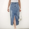 thumbnail image 6 of Women's High Waist Denim Midi Skirt with Front Slit Detail and Faded Wash Finish - Large, Light Blue, 6 of 7
