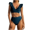 thumbnail image 2 of YUTK Bikini Top - Women's High Waisted Solid V-Neck Ruffle Sleeve Tight Fitting Gathering Swimsuit Split Set Blue Xl, 2 of 7