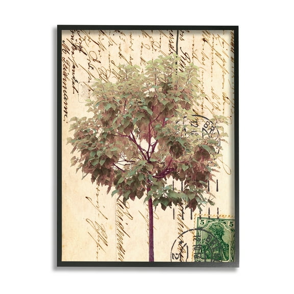 Stupell Industries Vintage Postal Script Note Red Root Tree Abstract Painting Black Framed Art Print Wall Art, 11 x 14