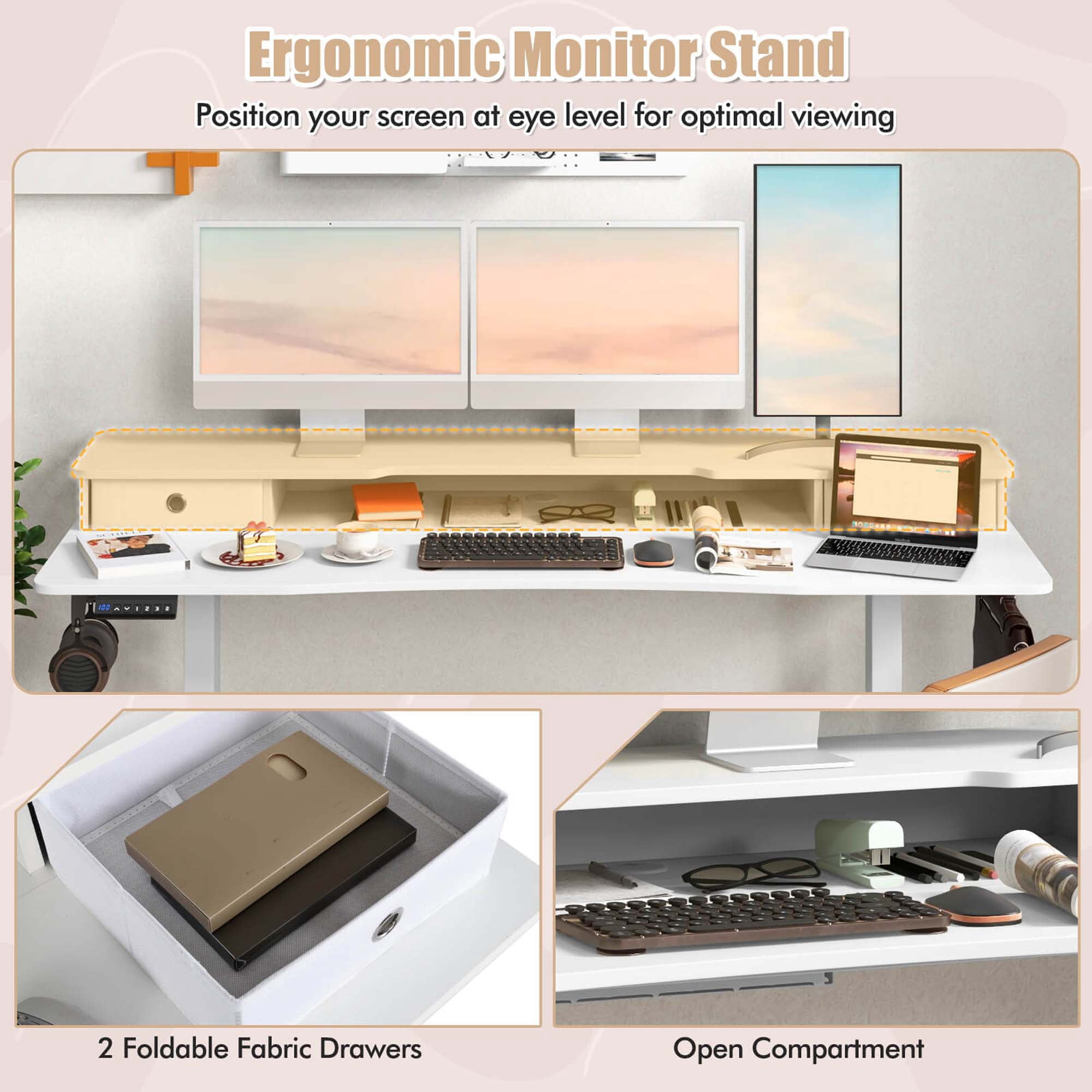 Costway 63" x 24" Electric Standing Desk with 2 Drawers Monitor Stand Storage Shelf White