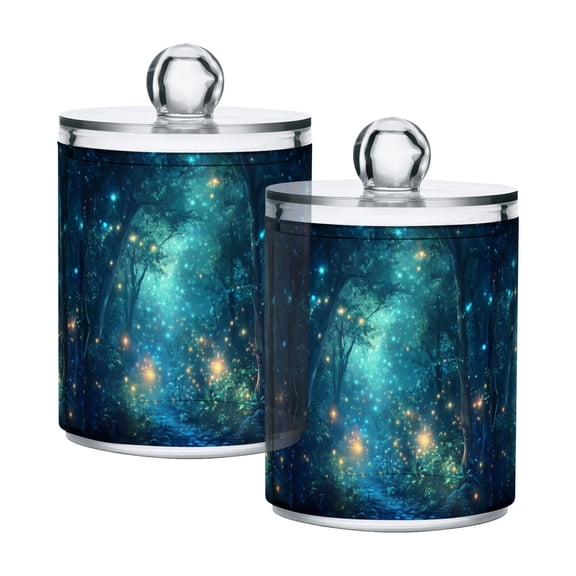 Yayeee 2 Pack Qtip Holder Bathroom Cotton Swab Canister with Lid Clear Dispenser Set, Magical Forest Glowing Lights