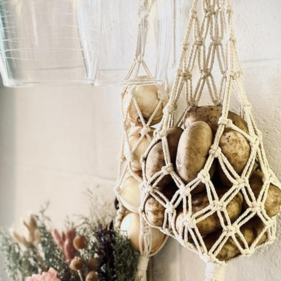 Homoyoyo Beige Woven Hanging Fruit Basket for Kitchen Storage Space-Saving Organizer and Stylish