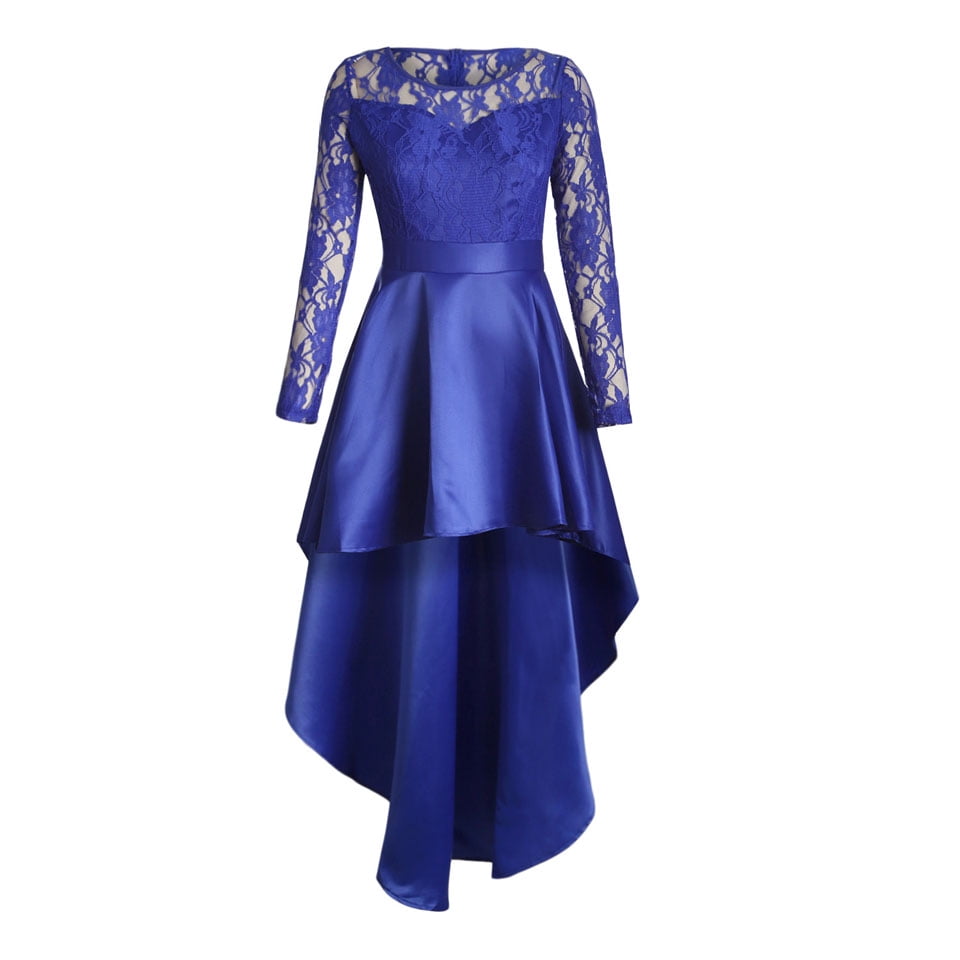 Chicfine Women Royal Blue Long Sleeve Lace High Low Satin Prom Dress Blue