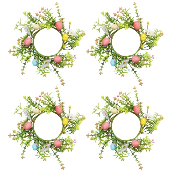 4 Pcs of Easter Candle Wreath Rings, Spring Floral Candle Rings with Faux Eggs and Flowers, 3.9 in / 10 cm Center, Great for Table Centerpieces and Holiday Decor