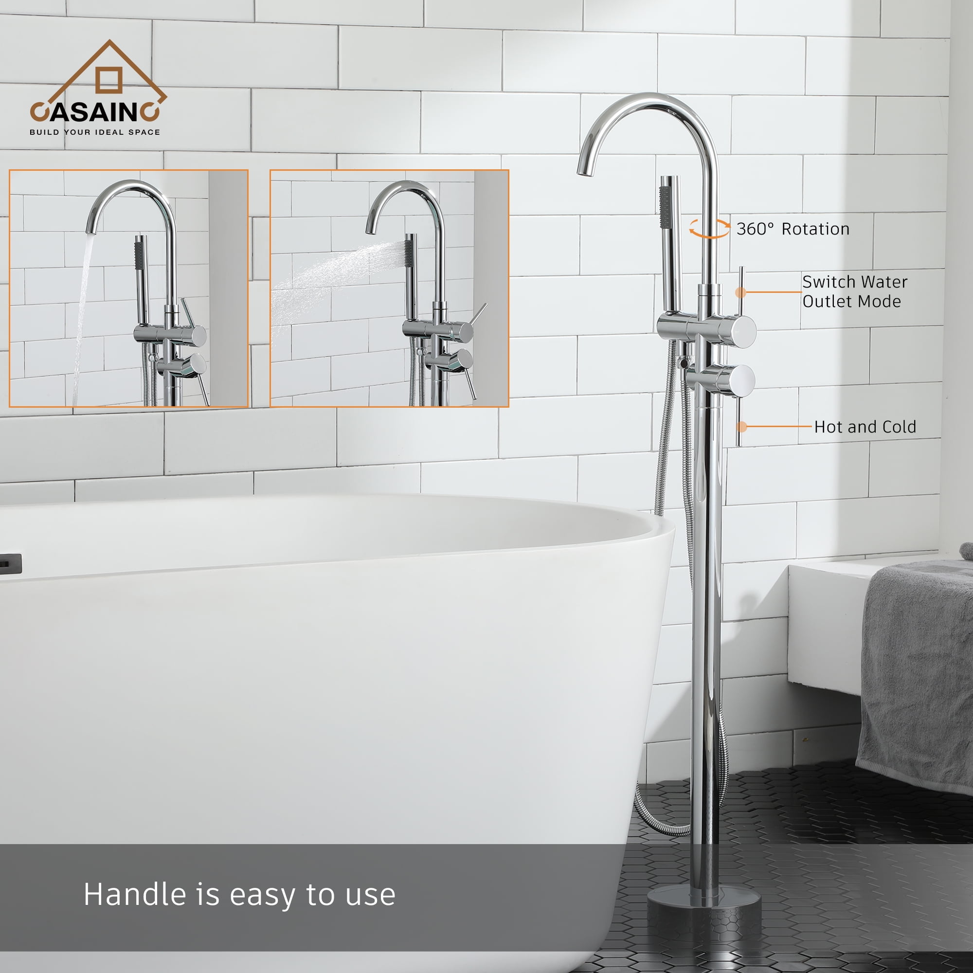 CASAINC 2-Handle Residentail Freestanding Bathtub Faucet with Hand Shower in Chrome