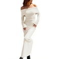 thumbnail image 2 of FOCUSNORM Robe Épaules Dénudées pour Femmes Couleur Unie Fendue Ourlet Décontractée Manches Longues Tricotée Robe de Soirée pour Plage Cocktail Club Mode Urbaine, 2 of 6