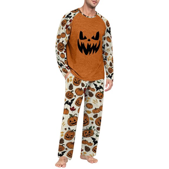 Men's Halloween Pajama Set Long Sleeve Raglan Soft Cotton Loungewear with Print Top & Full Length Pants for Home Night Beige L