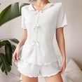 thumbnail image 2 of Bow Button Up Pajamas Set for Women Short Sleeve Ribbed Knit Sleepwear 2 Piece Pjs Shorts Set White, 2 of 6