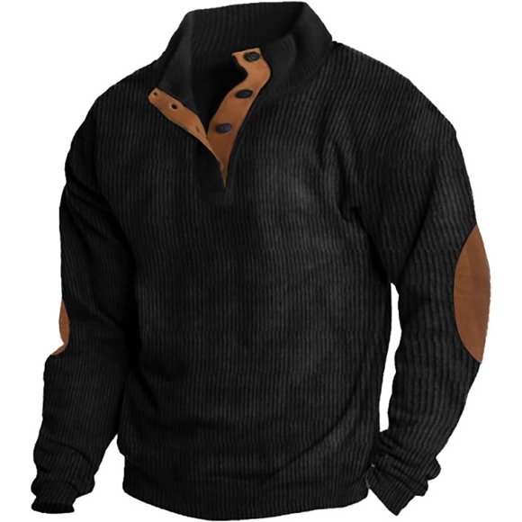 Chemise en Velours Côtelé pour Homme à Col à Revers, Boutonnée, Chandail à Col Montant, Manches Longues, Chandails Polo, Chandails Molletonnés avec Coudières