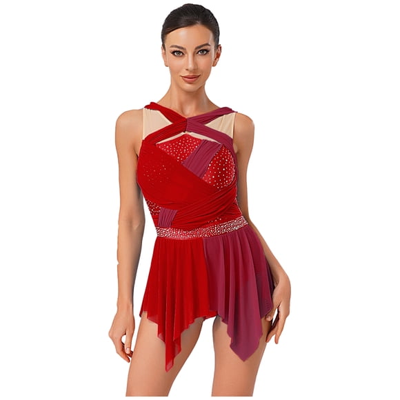 dPois Women's Sleeveless Irregular Lyrical Dance Dress Ballet Leotard Figure Skating Dress Modern Dancewear Red S