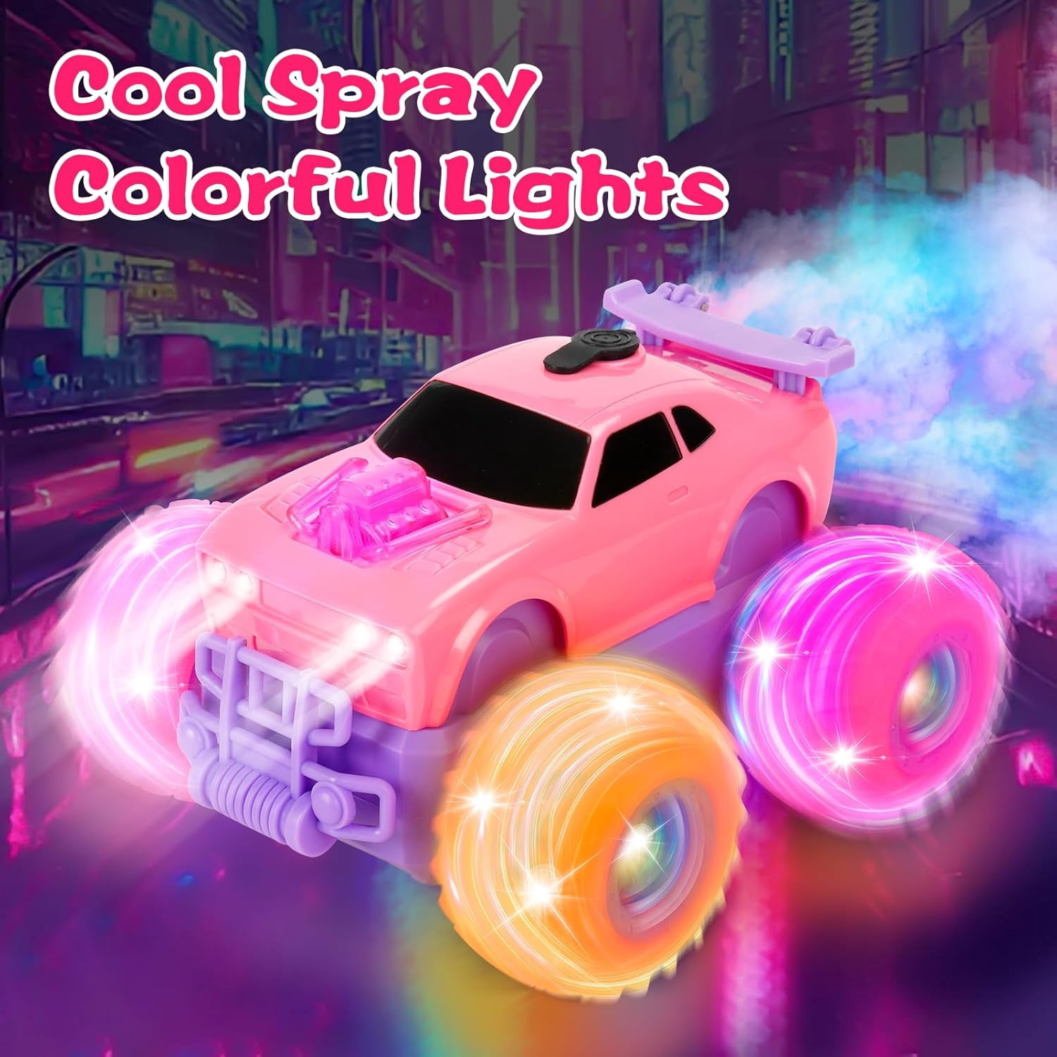 Drefirsa Princess Remote Control Car, Pink Monster Truck with Flashing Light, Spray, Stunt and DIY Sticker