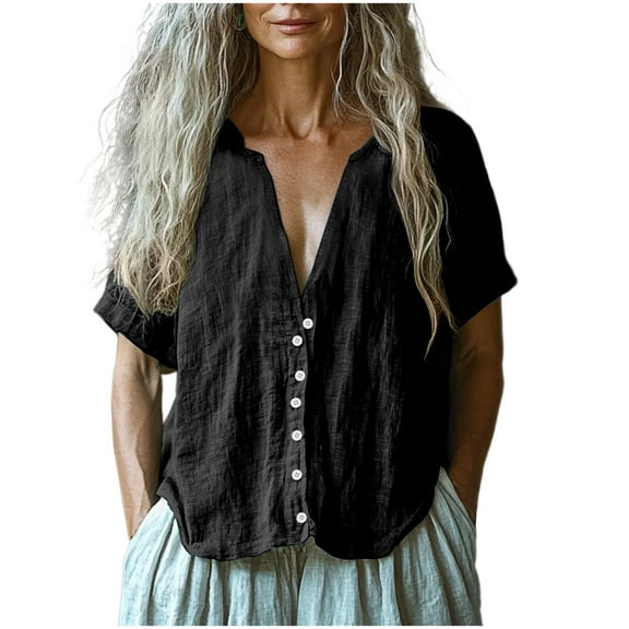 Womens Button Down Office Work Tee Summer Short Sleeve Shirts Relaxed Fit V-Neck Casual Top Shirt