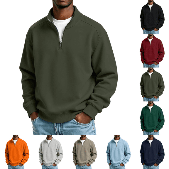 Men's Quarter Zip Sweatshirt Solid Color Long Sleeved Mock Neck Basic Top Casual Pullover Shirts Winter Fashion Clothing