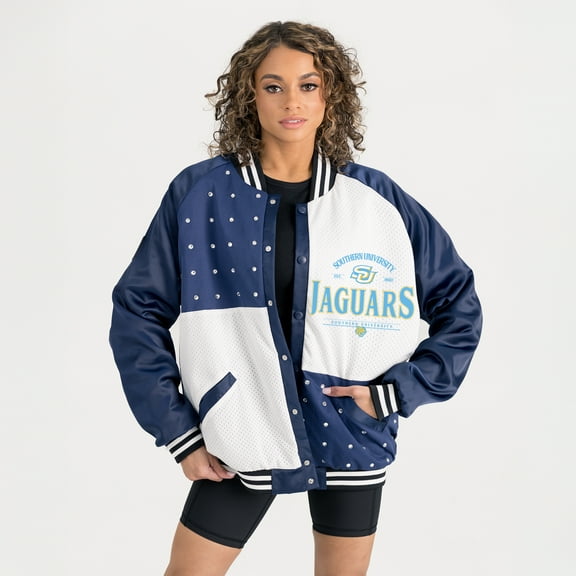 Women's Gameday Couture Navy Southern University Jaguars Oversized Inner Drive Varsity Rhinestone Full-Snap Bomber