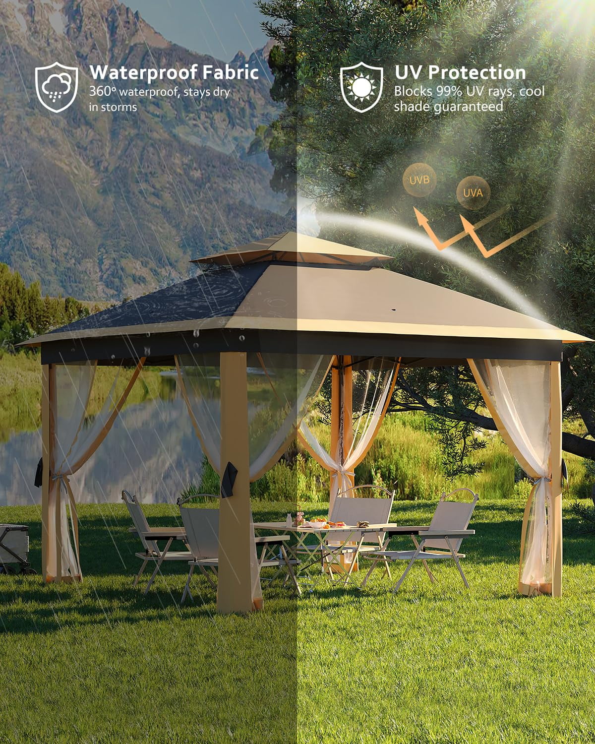 11x11ft Heavy Duty Pop Up Outdoor Gazebo Tent – Double Roof, Mosquito Netting, Water & UV Resistant, Sturdy Metal Frame, Easy Setup – Patio, Garden, Backyard, Deck