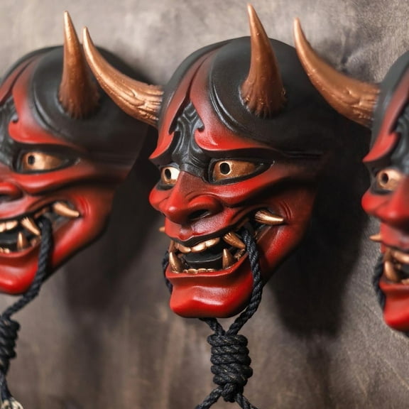 Red Hannya Mask Halloween Cosplay Latex Creepy Face Mask for Adults, Scary Japanese Assassin Mask Party Props with Moving Mouth and Adjustable Strap (39x23cm)