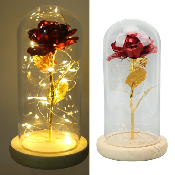 Enchanted Rose Romantic Gifts, Beautiful Symbolism Rose In Glass Dome Glass Dome Transparent Wood Base With LED Light For Dates For Home Decor Gold Leaf Rose Red